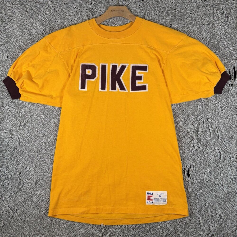 Vintage EAGLE USA T-Shirt Mens Medium Yellow PIKE DANK 80s USA PI KAPPA ALPHA